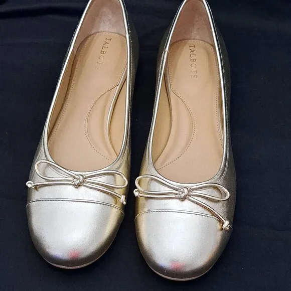 Talbots Shiny Gold Tone Leather Ballet Flats with Bow Size 10.5 M NWOT - Picture 1 of 12